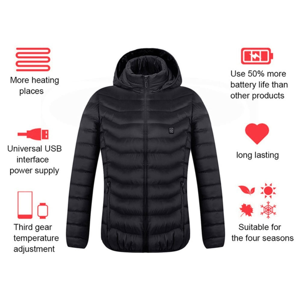 Black heated jacket with features listed on a white background