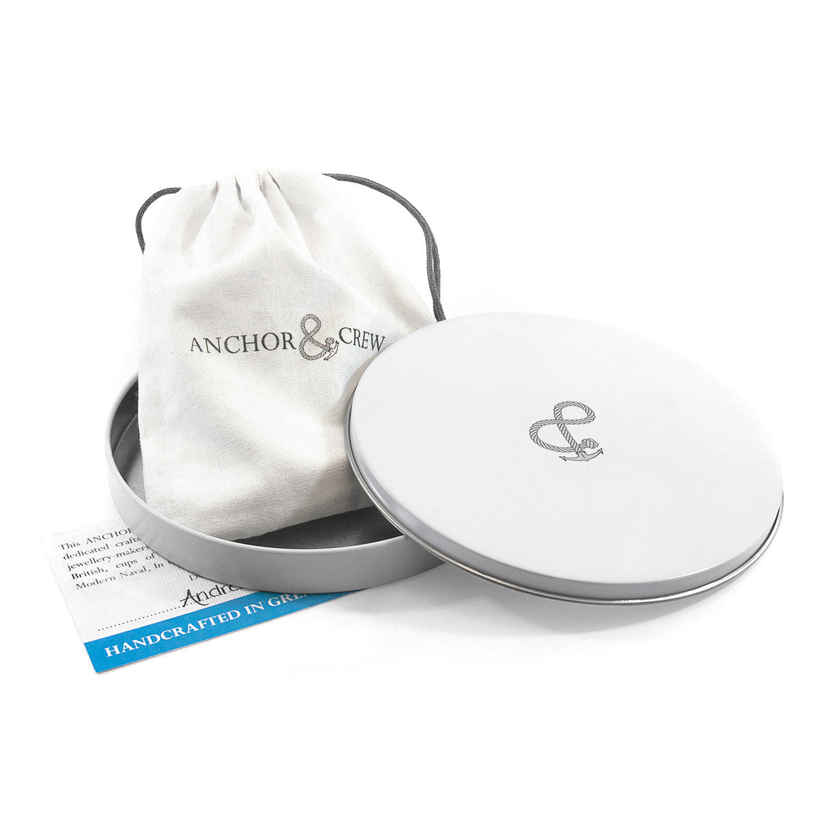 Silver jewelry box with 'Anchor & Crew' logo on a white background