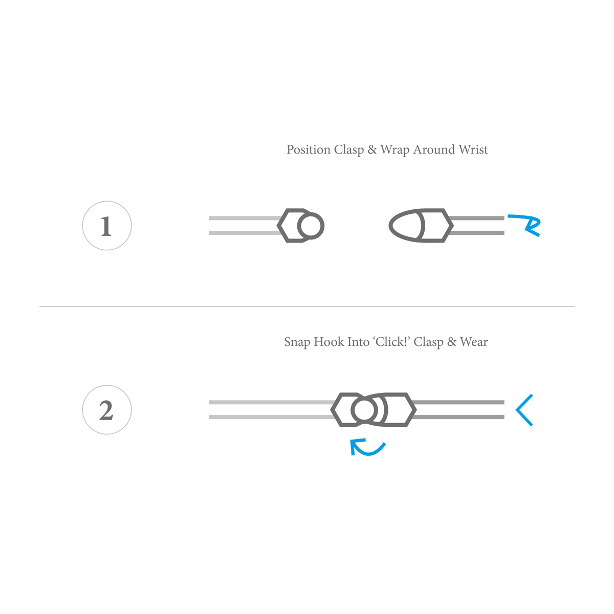 Step-by-step guide on how to position a clasp and snap hook on a white background