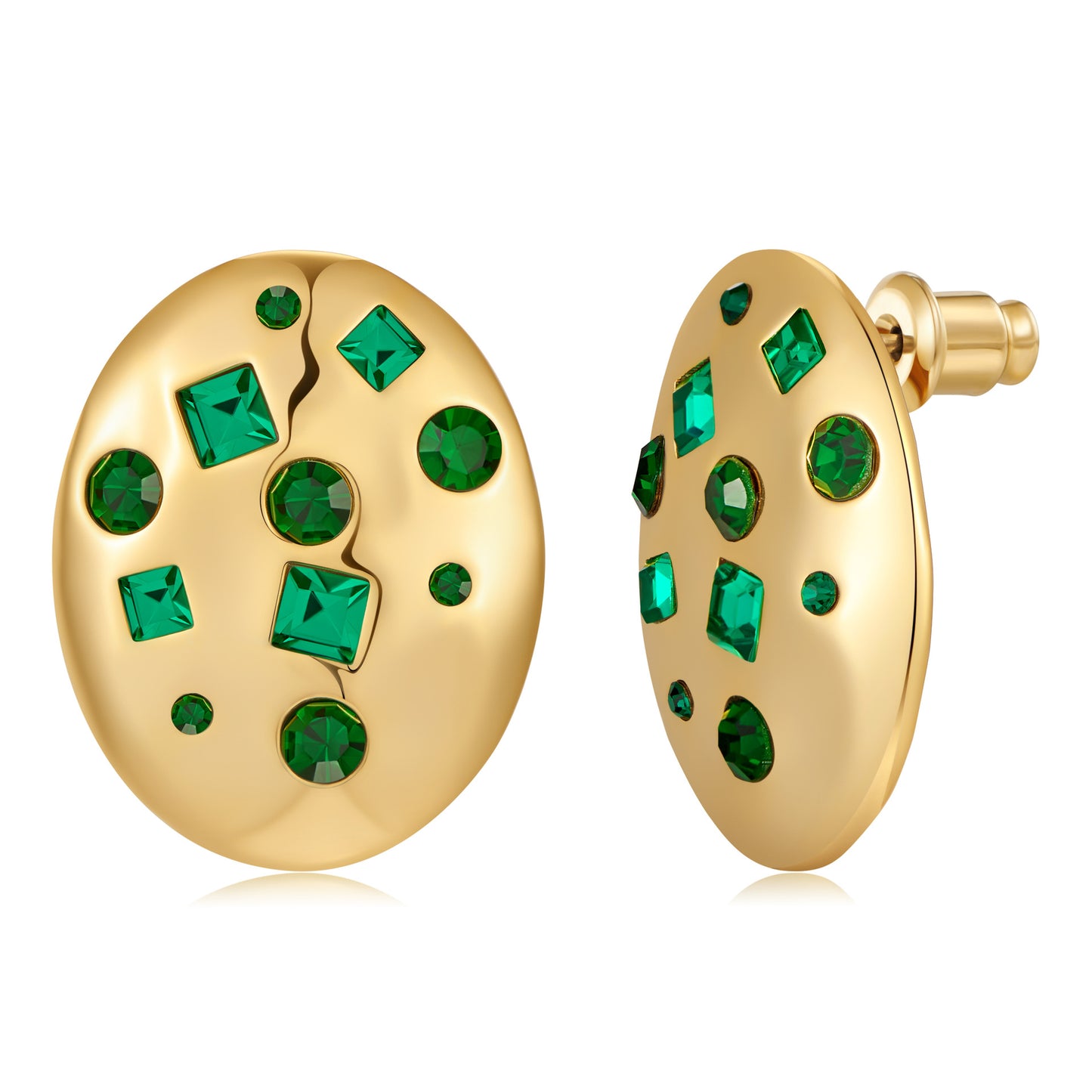 Gold earrings with green gemstones on a white background