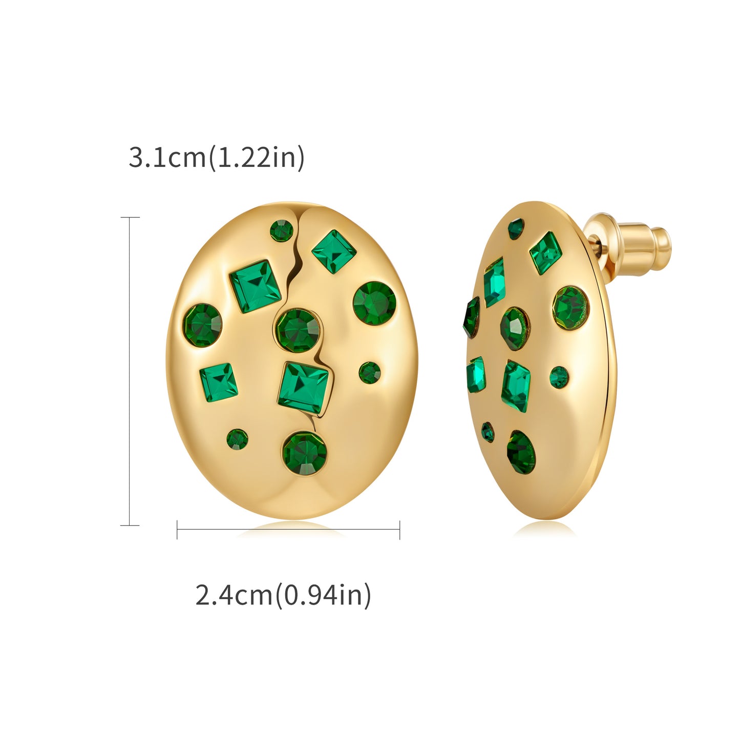 Gold earrings with green gemstones and measurements on a white background