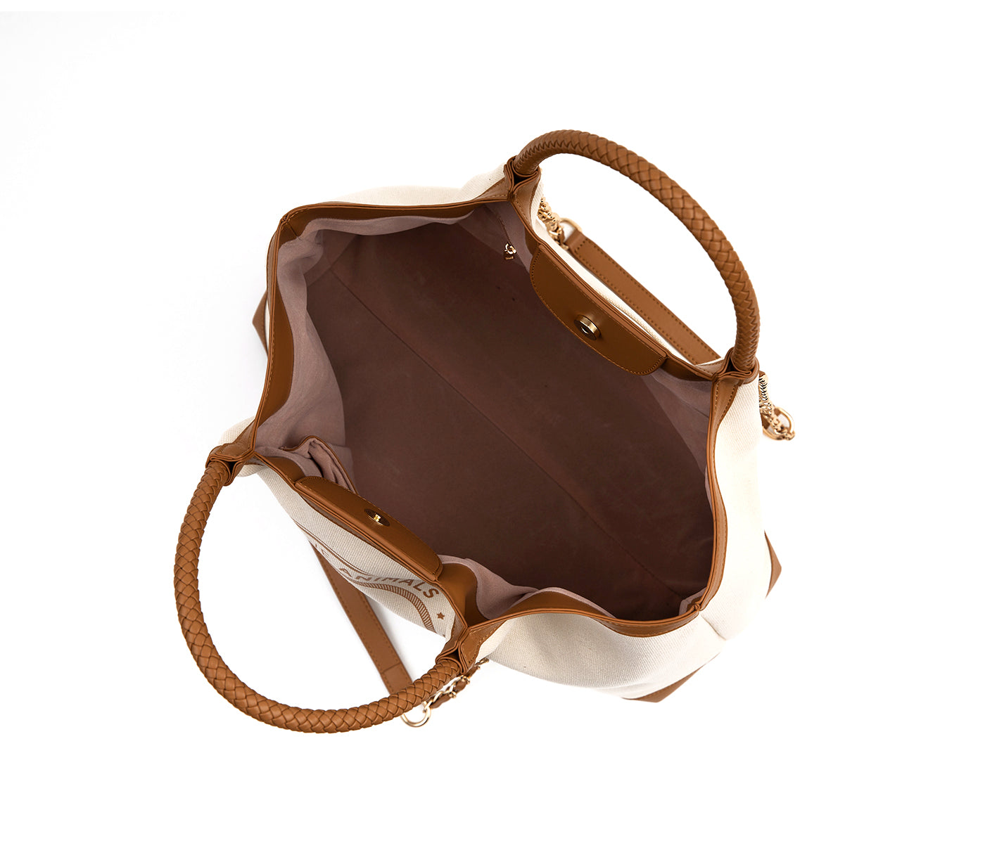 Brown and beige handbag on a white background