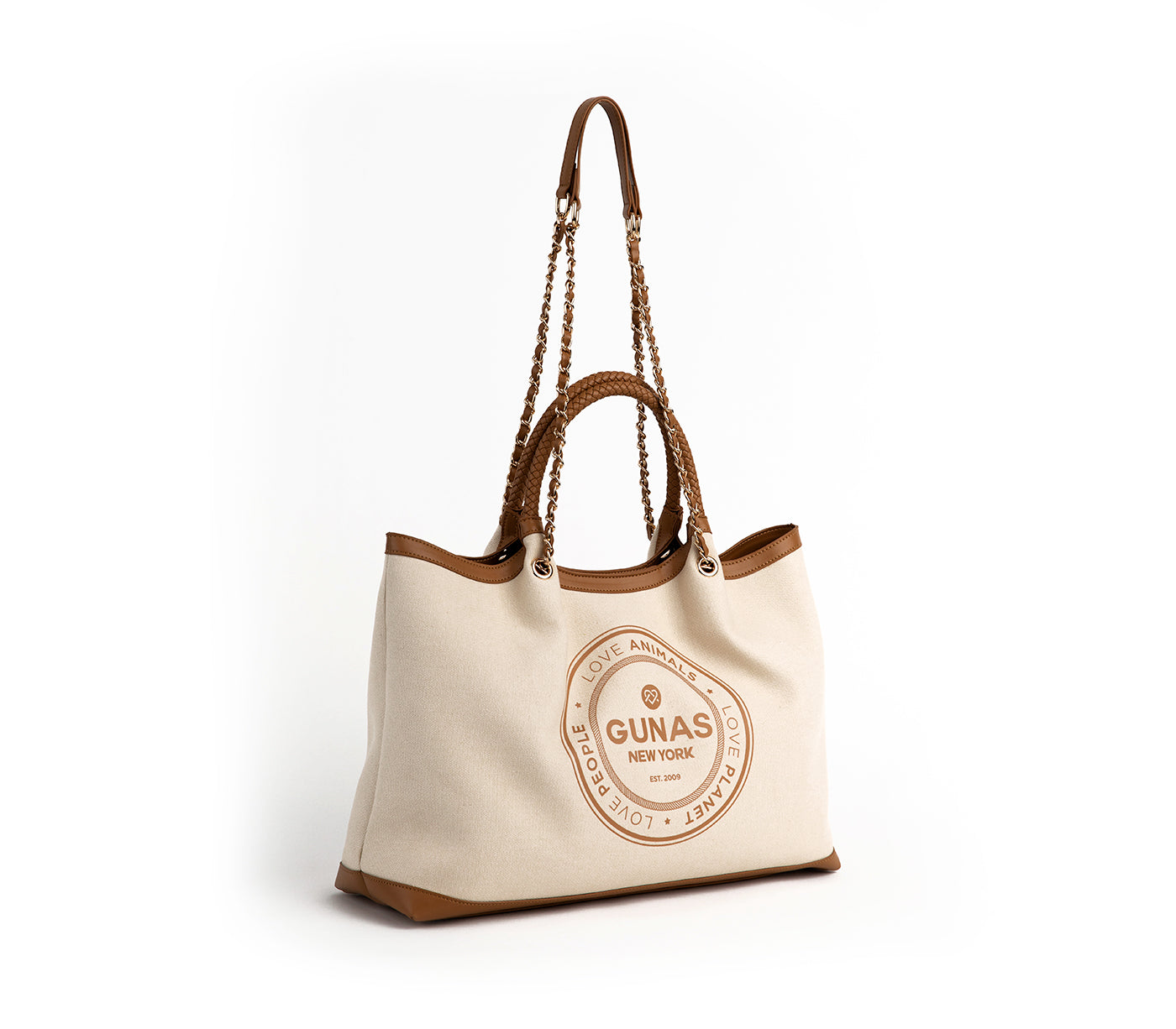 Beige tote bag with brown handles and trim on a white background, featuring 'GUNAS' branding.