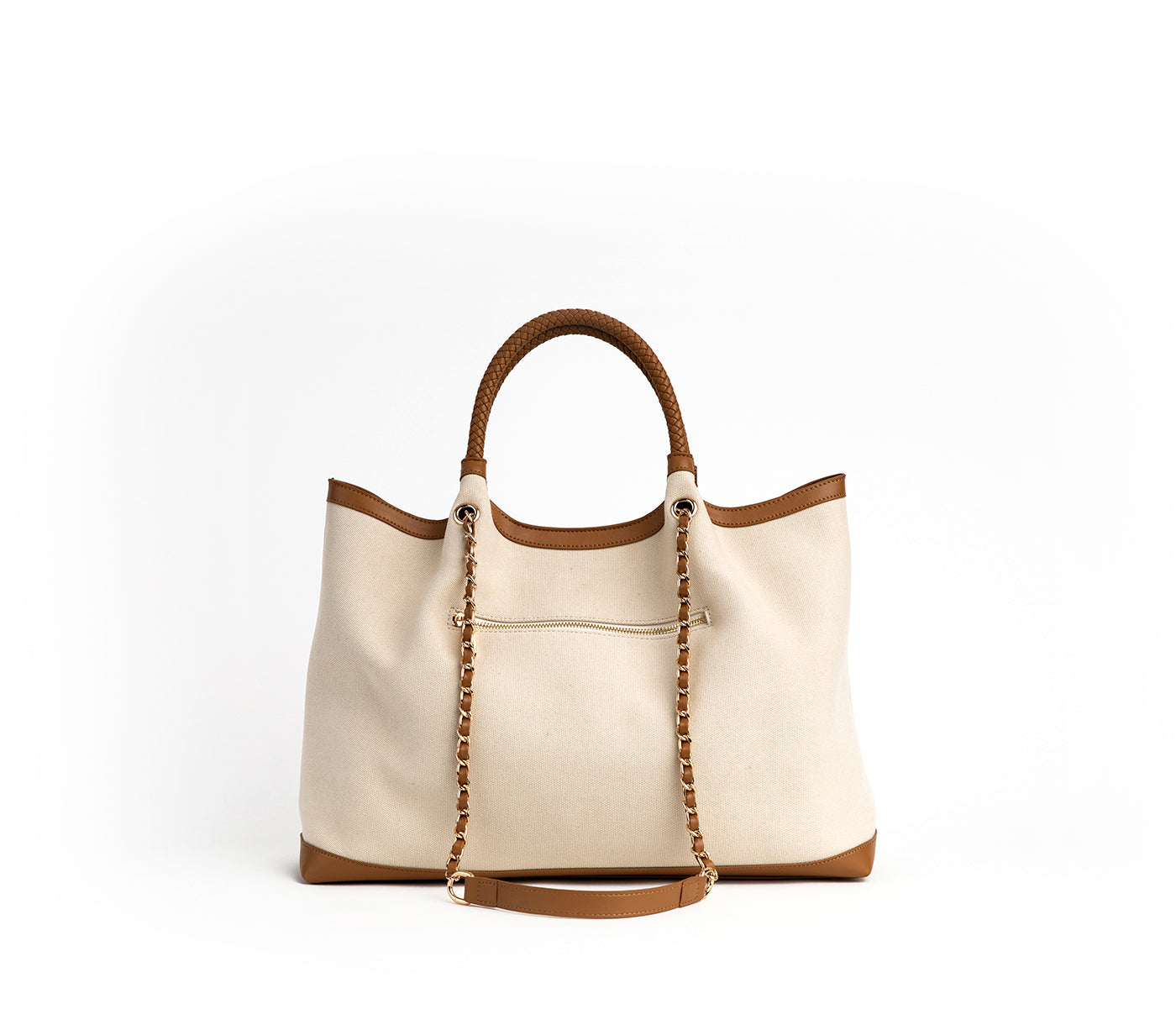 Beige handbag with brown accents on a white background