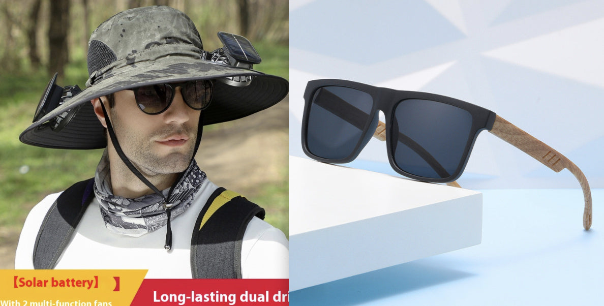 Person wearing a wide-brimmed hat and sunglasses with solar battery feature, alongside a close-up of sunglasses on a blue background.
