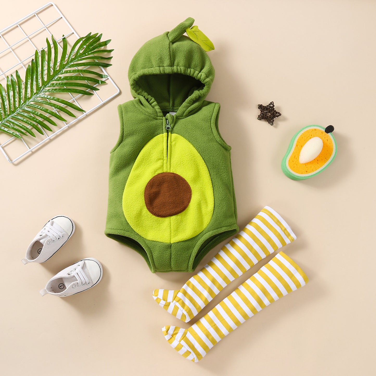 Baby avocado costume romper set with hood and striped socks – cute sleeveless outfit for infants and toddlers