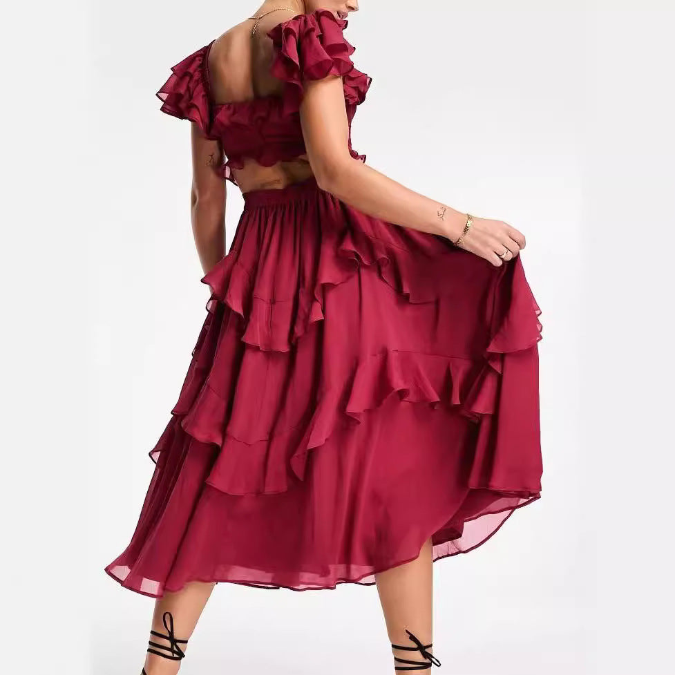 Red ruffled dress on a white background