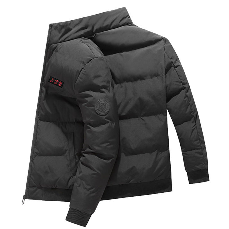 Black puffer jacket with a brand logo on the chest against a white background