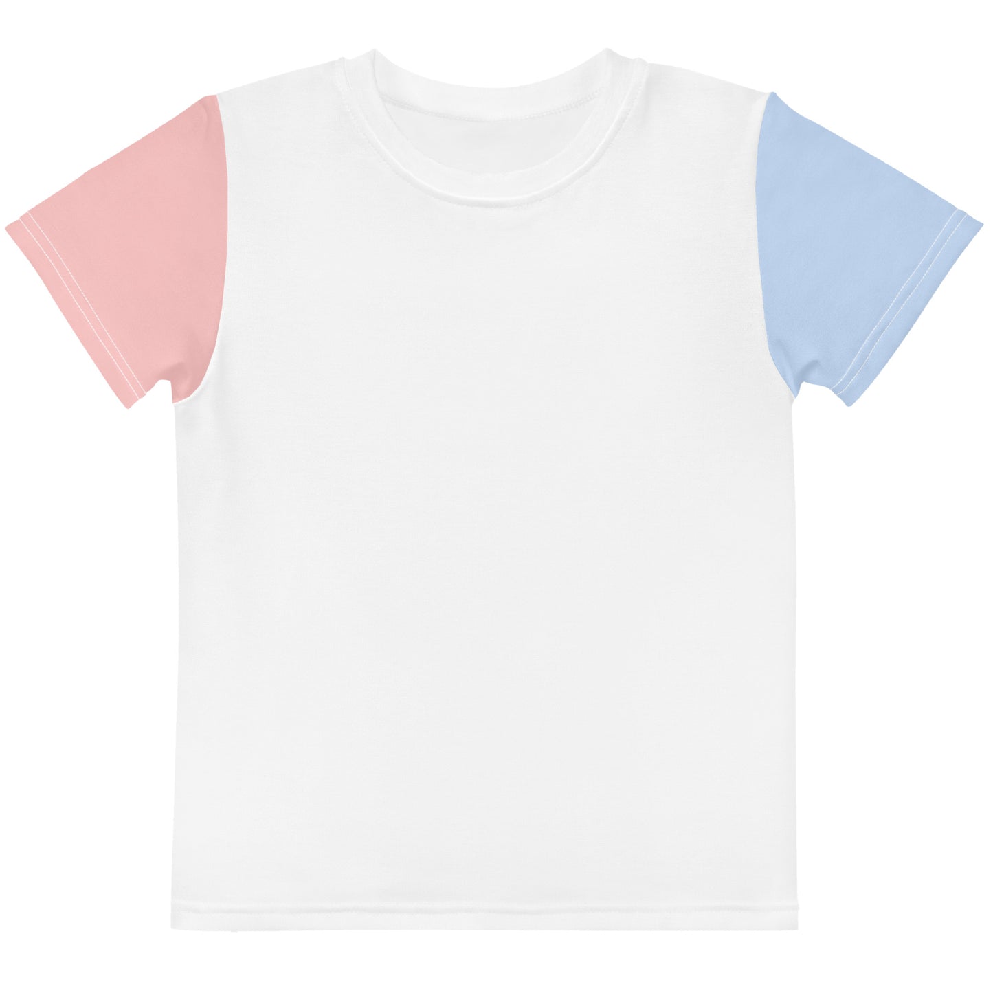 White t-shirt with pink and blue sleeves on a white background
