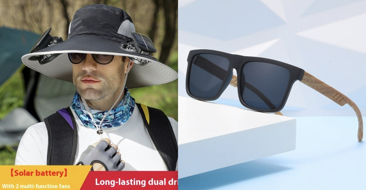 Person wearing a sun hat and sunglasses with solar battery feature, and a close-up of sunglasses on a white background.