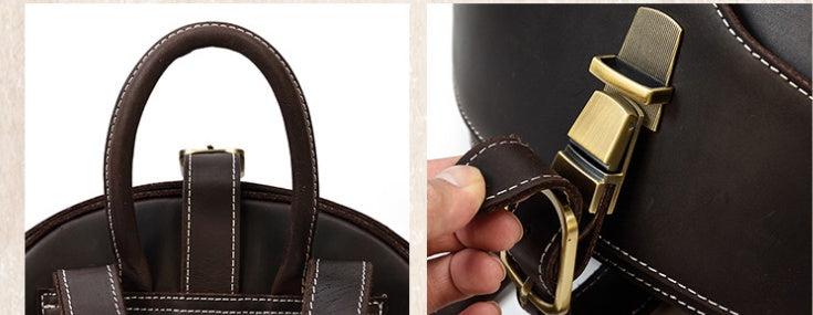 Stylish dark brown leather backpack with beetle-inspired design on a city street – ideal for travel and daily use