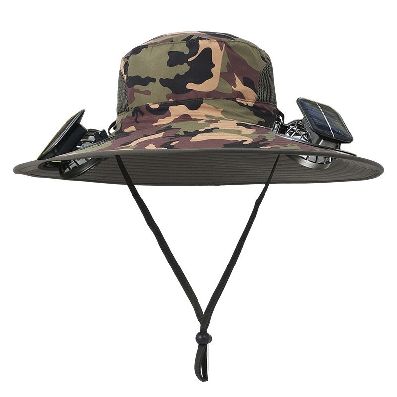 Camouflage hat with solar panels on a white background