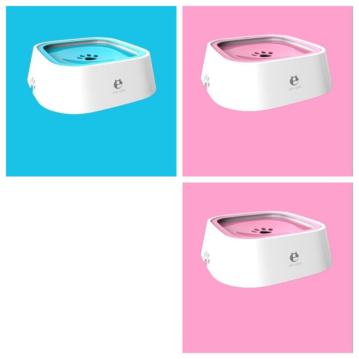 White pet water fountain on a blue, pink, and white background