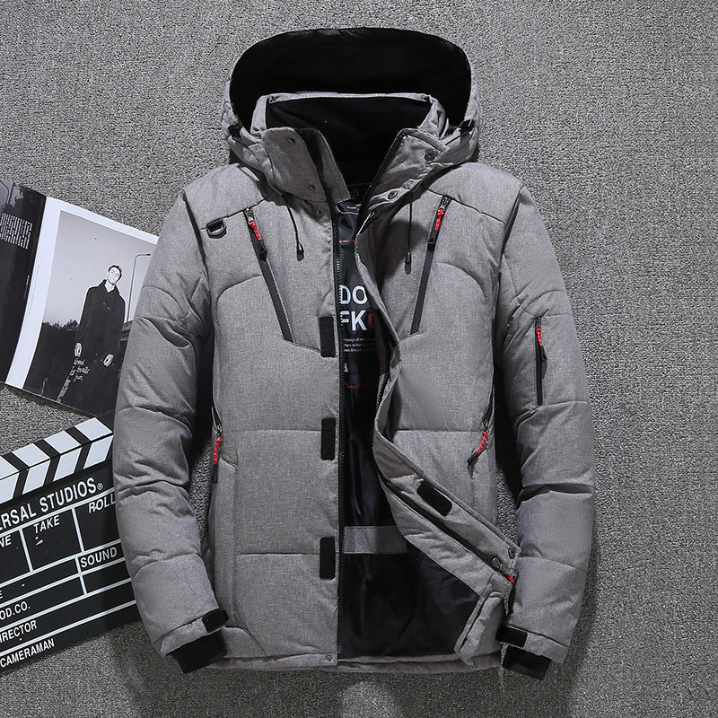 Gray winter jacket with black accents on a gray background