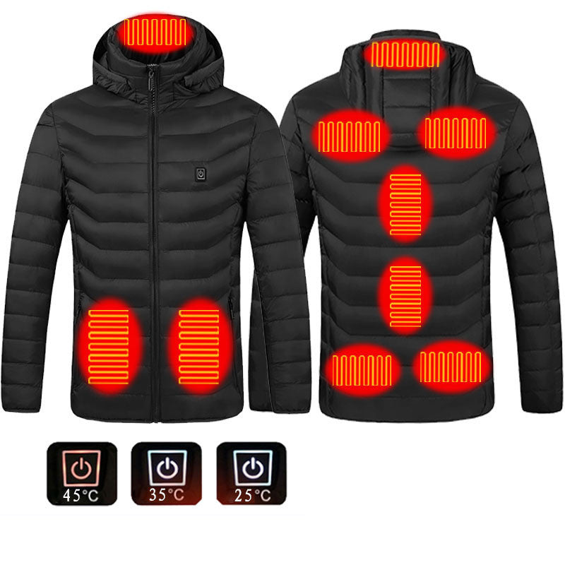 Black heated jacket with visible heating elements and control indicators on a white background