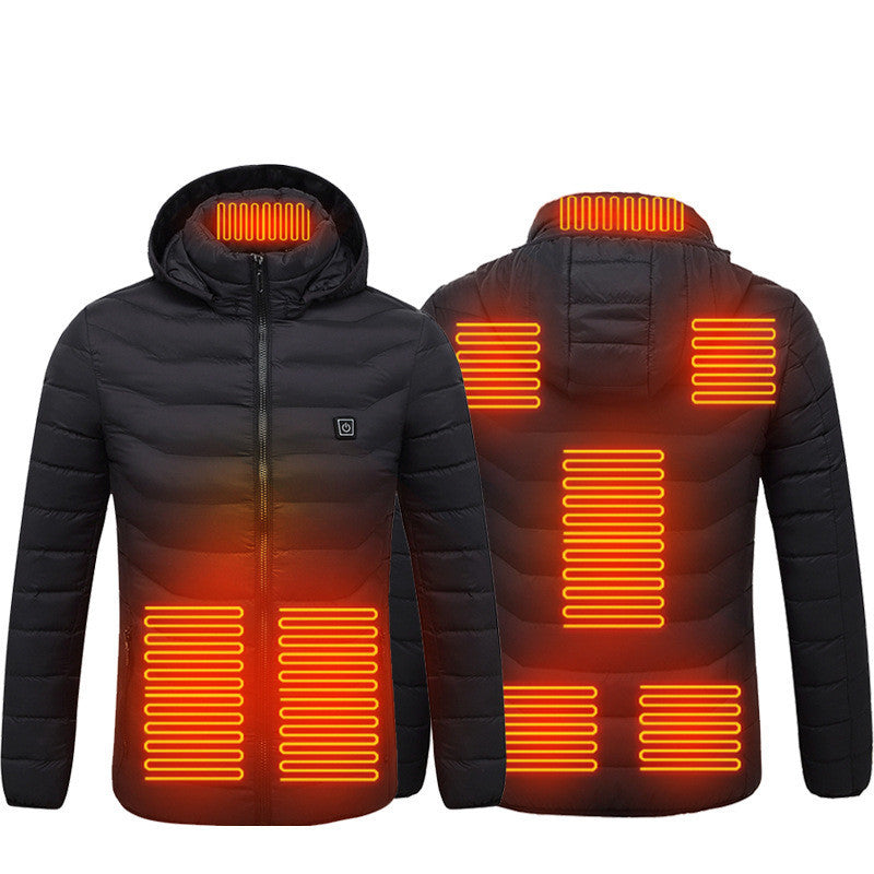 Black heated jacket with glowing orange heating elements on a white background