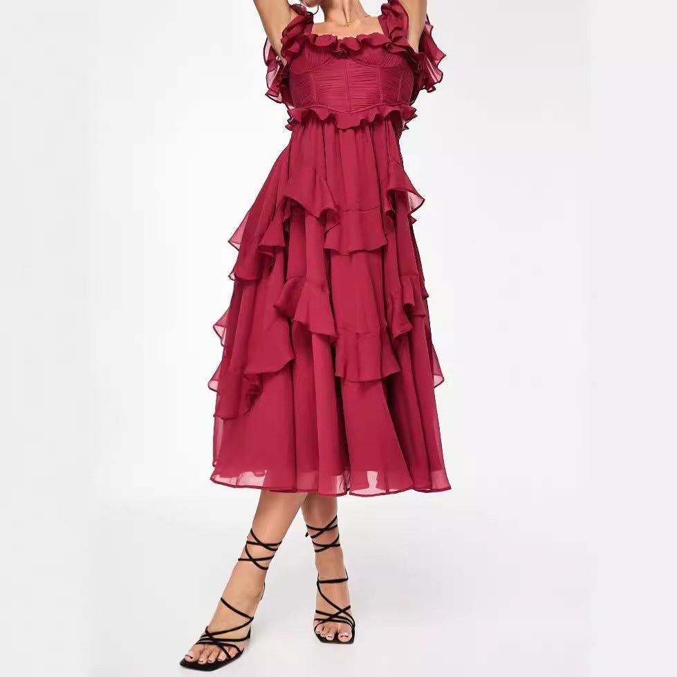 Red ruffled dress on a white background