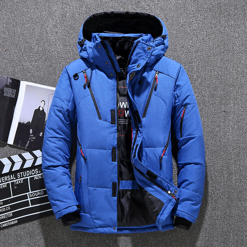 Blue winter jacket on a gray background