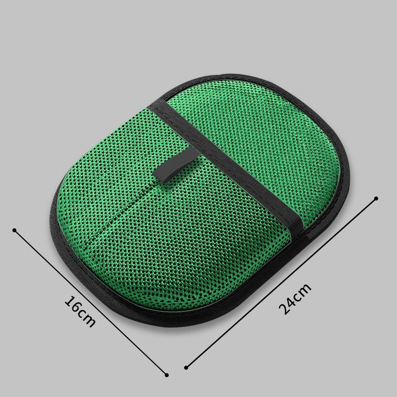 Green mesh cushion with black border and measurements on a gray background