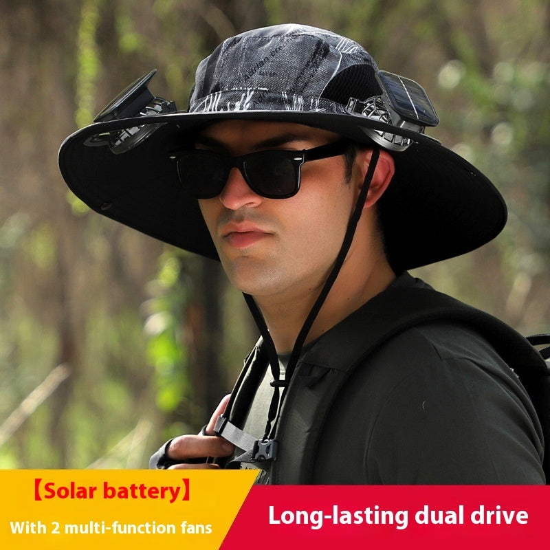 Person wearing a wide-brimmed hat with solar battery and fans, outdoors.