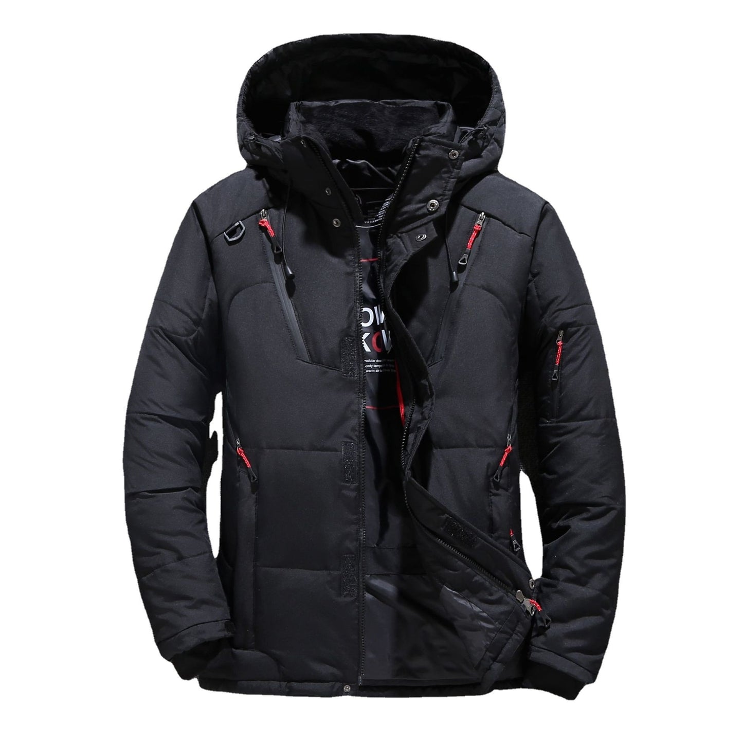 Black winter jacket with red accents on a white background