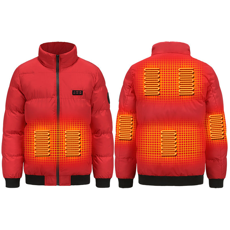 Red heated jacket shown from front and back on a white background