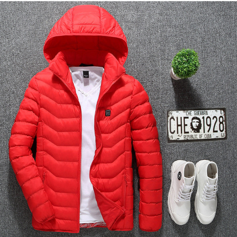 Red puffer jacket with a white shirt, white sneakers, and a decorative license plate on a gray background.