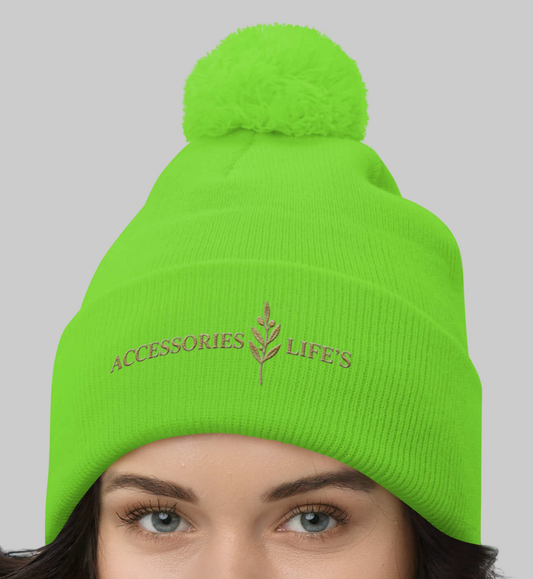 Neon green pom-pom beanie with golden embroidered Accessories Life's logo