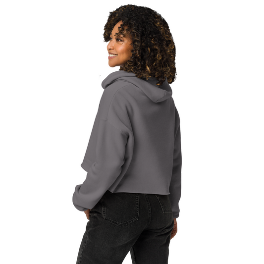 Women's cropped hoodie in storm gray - back view showing quality stitching and comfortable design