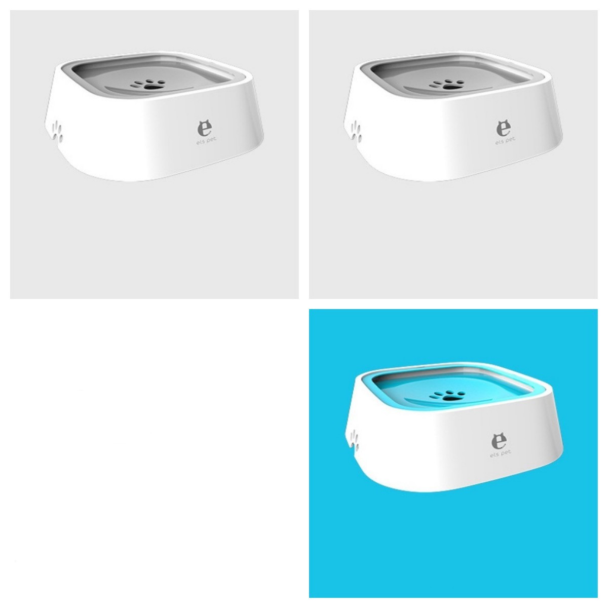 White pet water fountain with paw print design on a white background, with a close-up of the top right corner showing the brand logo.
