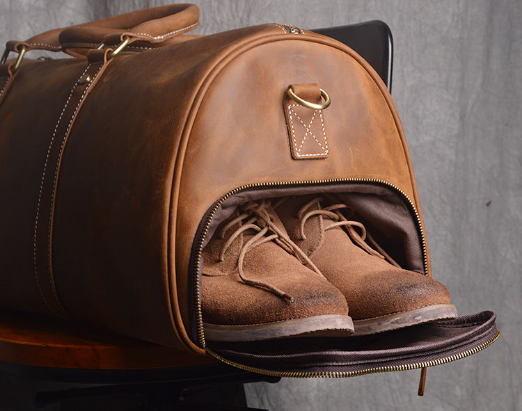 Vintage Crazy Horse Leather Travel Duffle Bag – Handmade Luxury Weekender for Men"