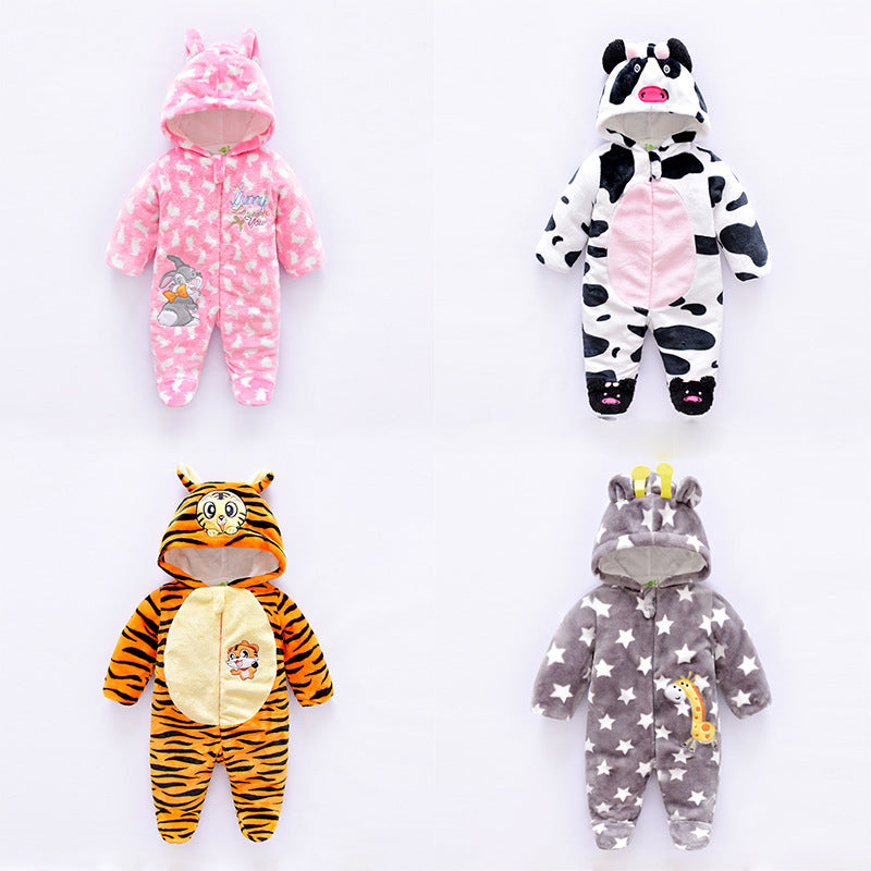Four baby onesies with animal designs on a white background