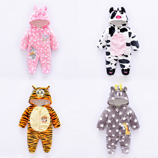 Four baby onesies with animal designs on a white background