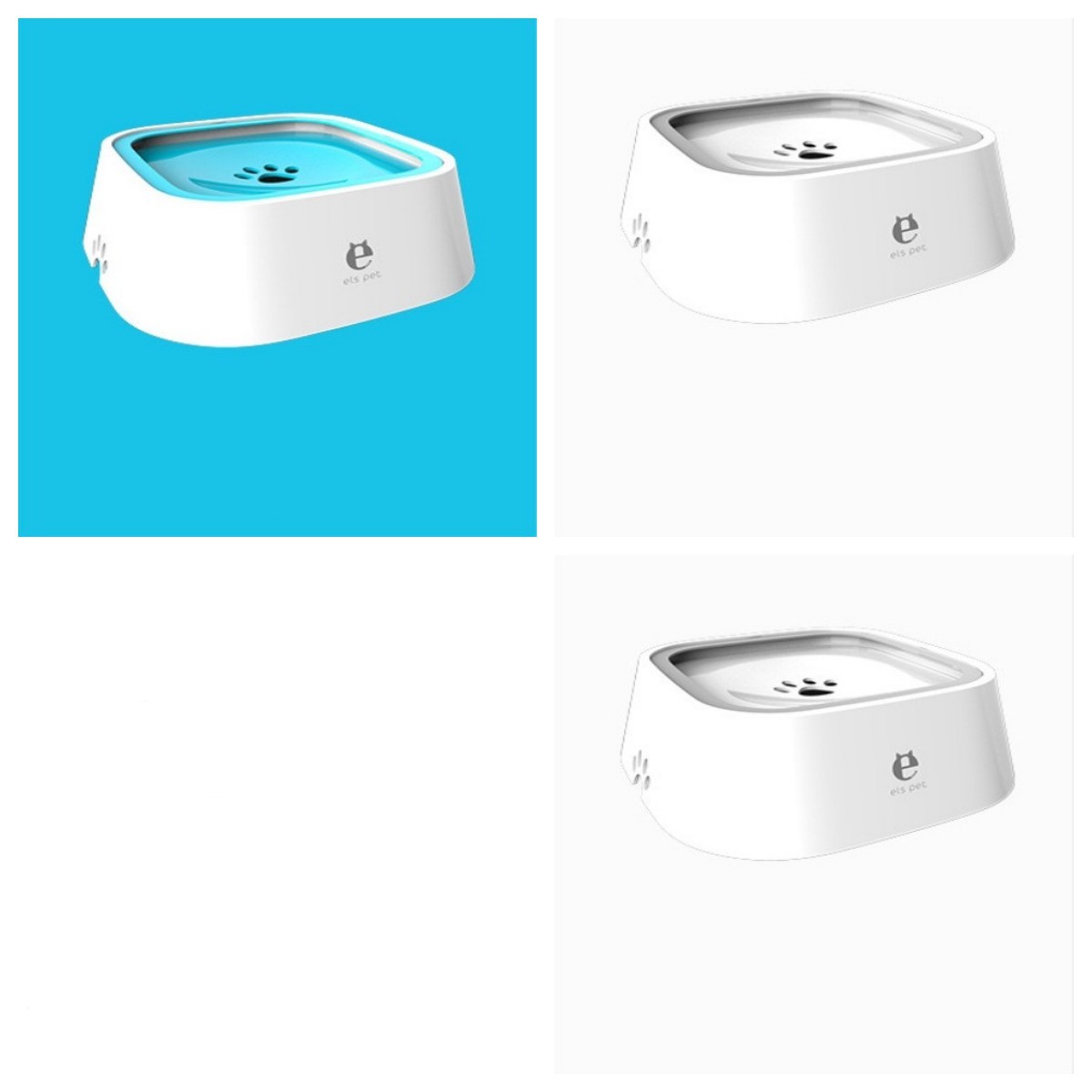 Collage of three images of a white pet water fountain with paw print design on a blue, white, and gray background.