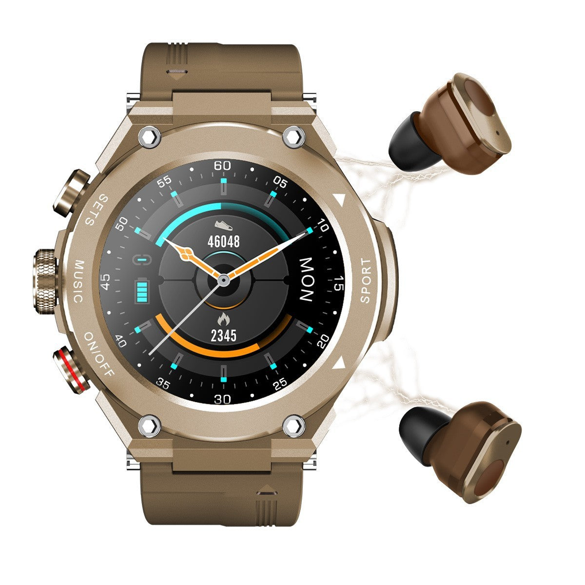 Smartwatch with brown band and earbuds on a white background