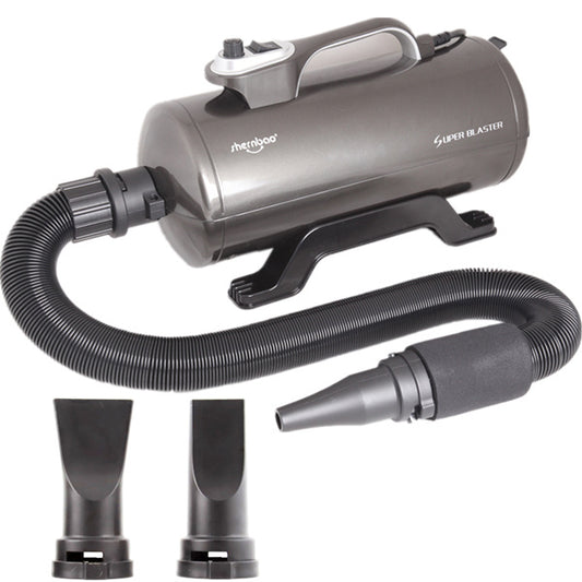 high-poewr pet hair dryer with flexible hose and nozzle attachments