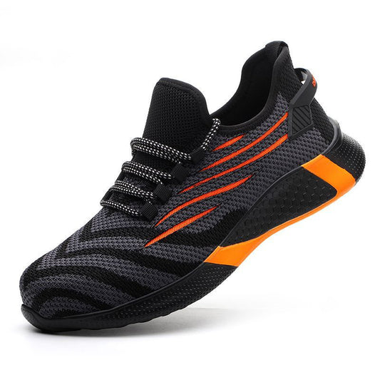 Unisex black and orange safety sneaker with reflective stripes, breathable mesh upper, and thick anti-slip sole, shown on a white background