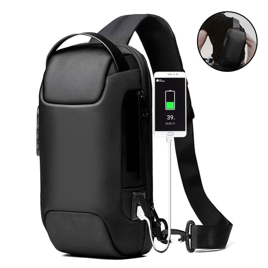 Smart black anti-theft crossbody bag with USB charging port – side view
