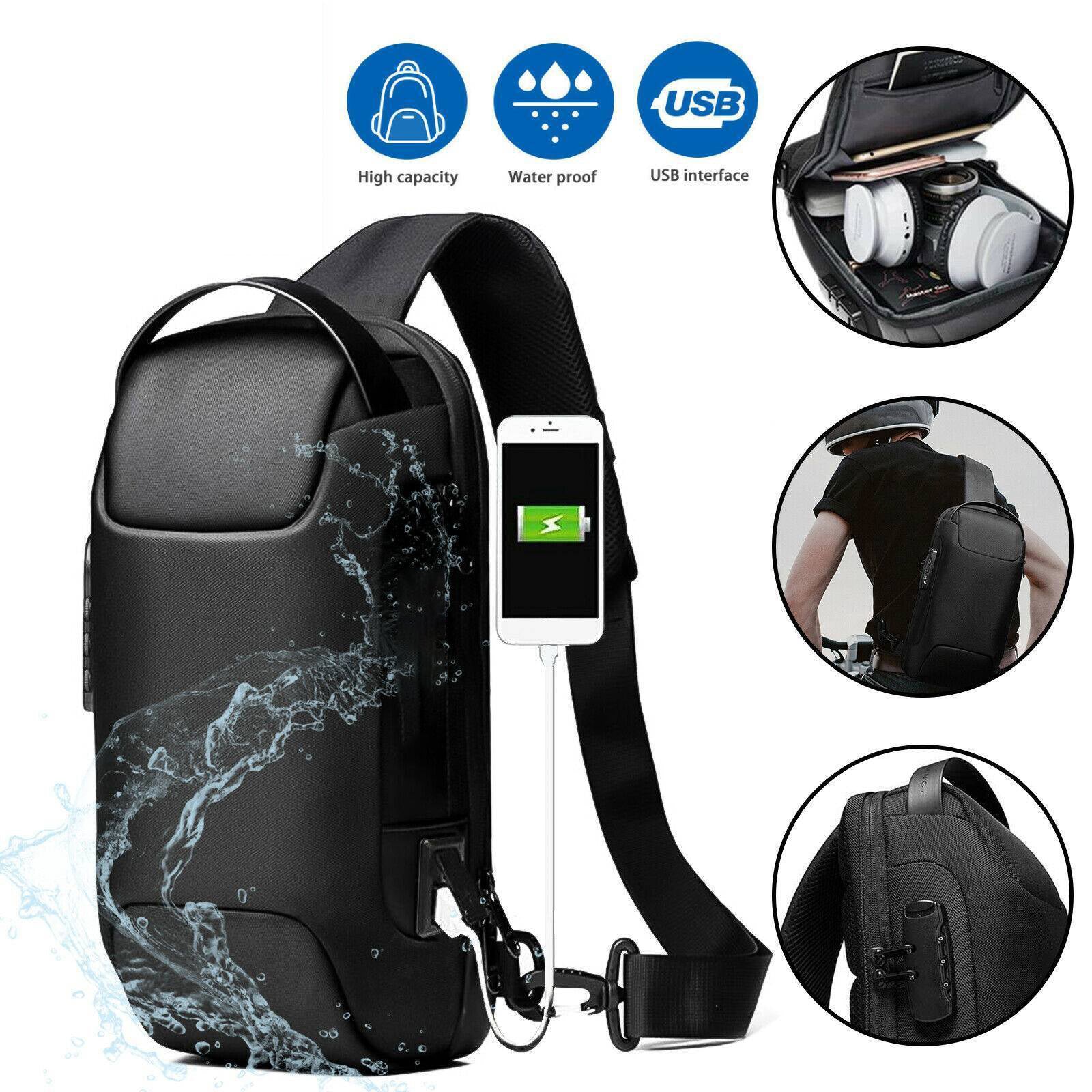Black backpack with water resistance, USB charging, and phone case features on a white background.