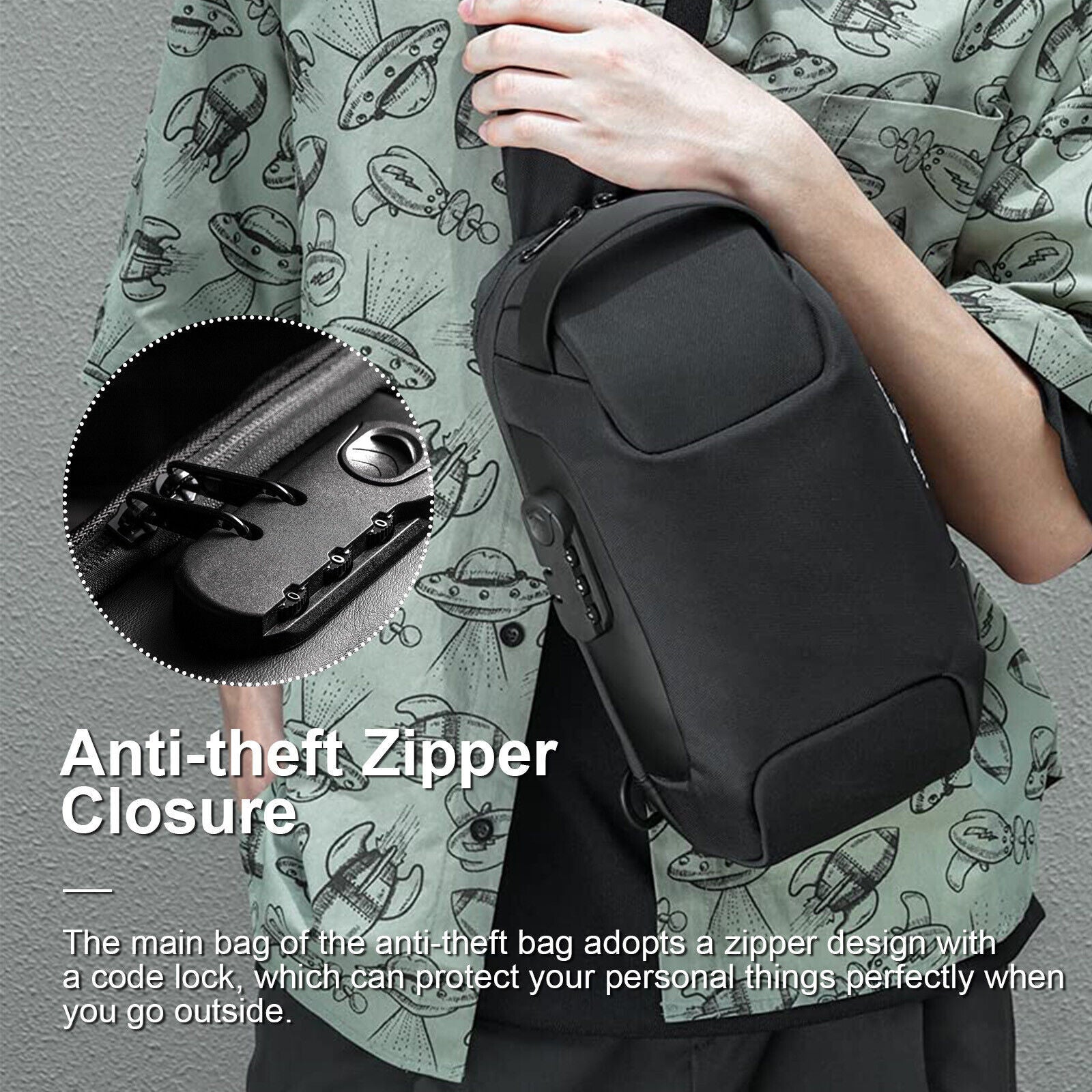 Person holding a black anti-theft bag with an inset showing the zipper mechanism, set against a gray background.