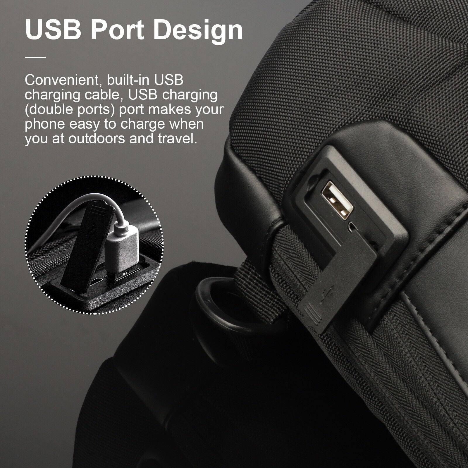 Black backpack with USB port design feature on a gray background