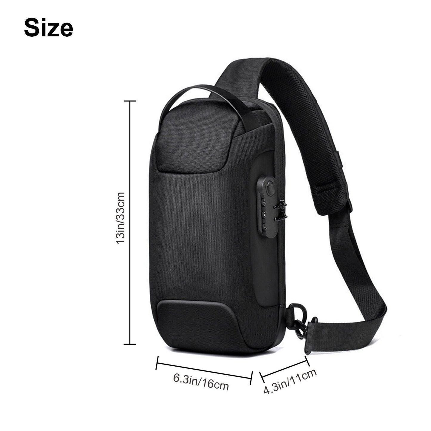 Black shoulder bag with measurements on a white background