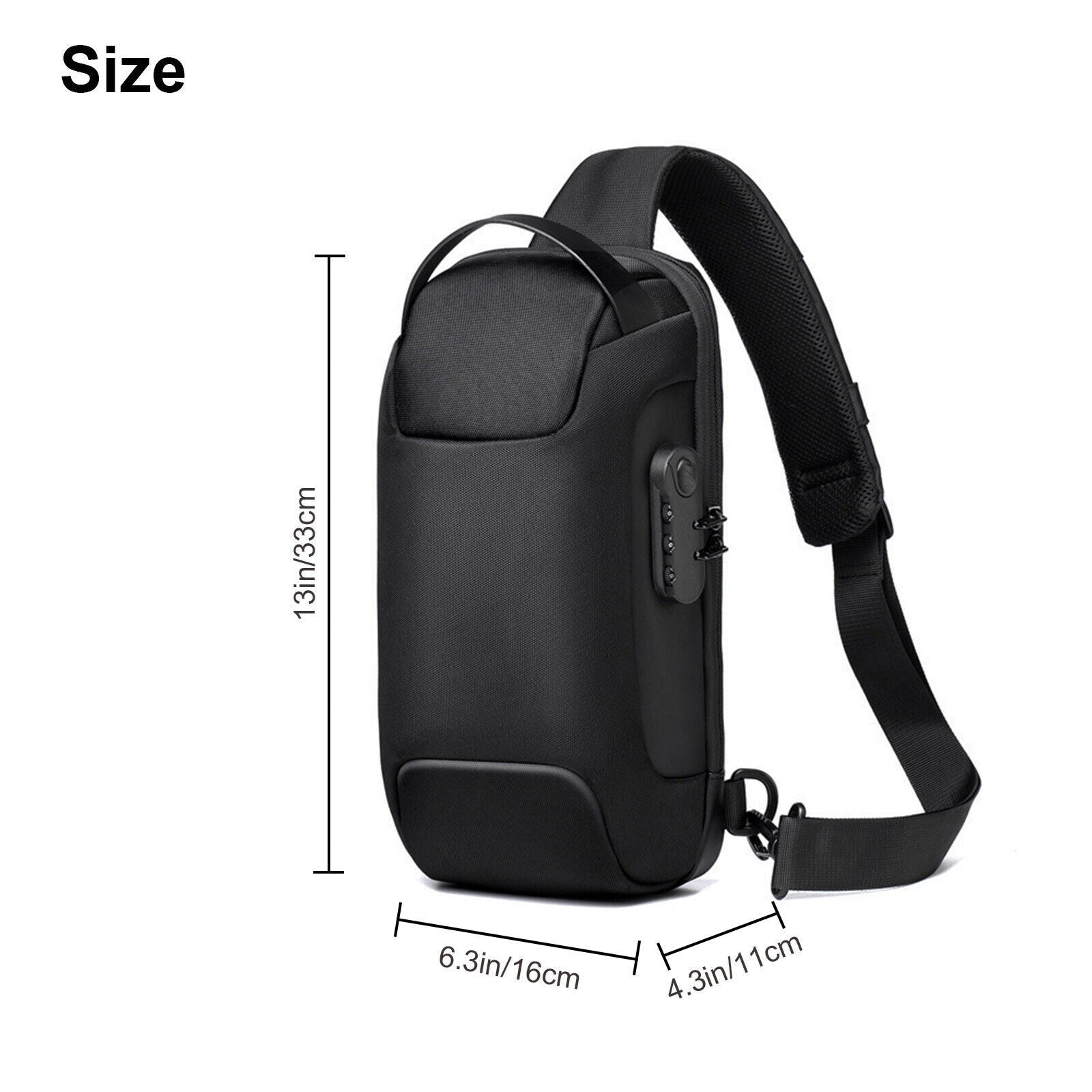 Black shoulder bag with measurements on a white background