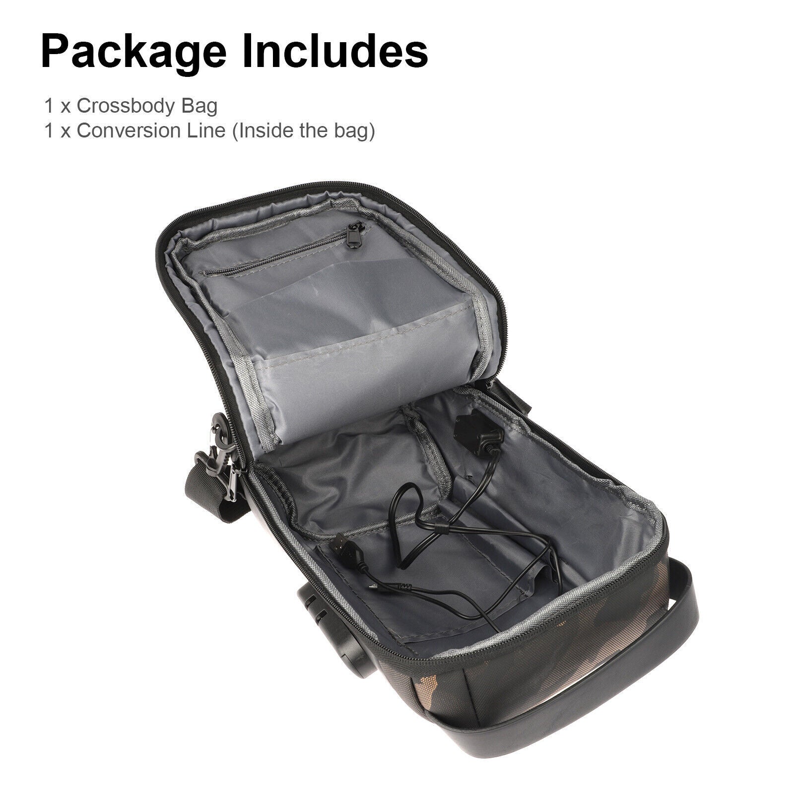 Open crossbody bag with conversion line inside on a white background