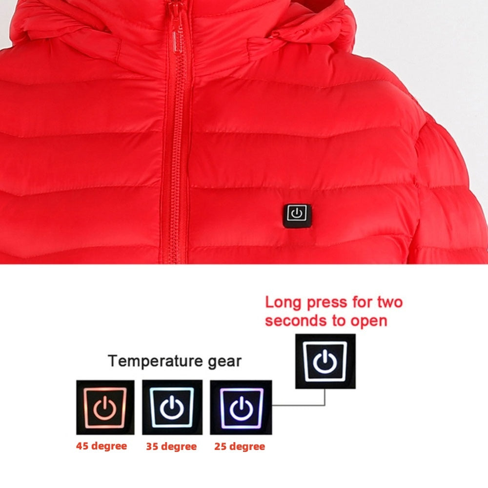 Red puffer jacket with temperature control icons and text on a white background