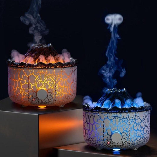 two flame-effect humidifiers with red and blue LED lights and mist output