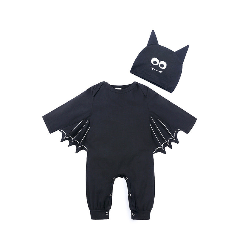 Black baby romper with bat wings and matching hat on a white background