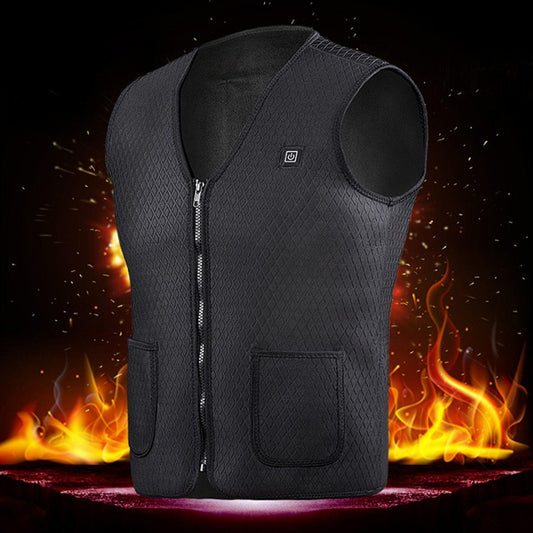 Black heated vest with flames in the background