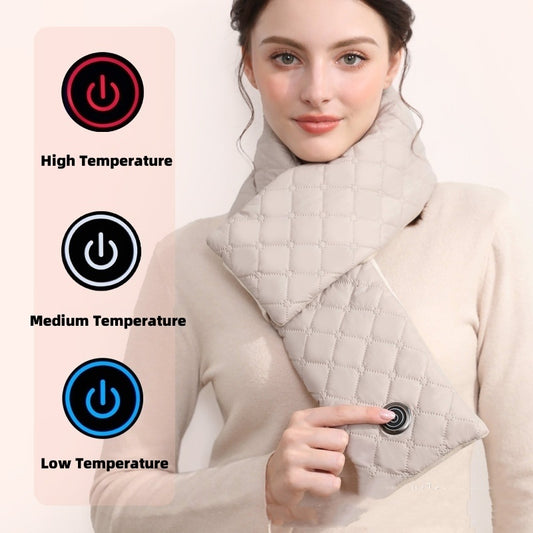 Woman wearing a heated scarf with temperature control icons on a white background