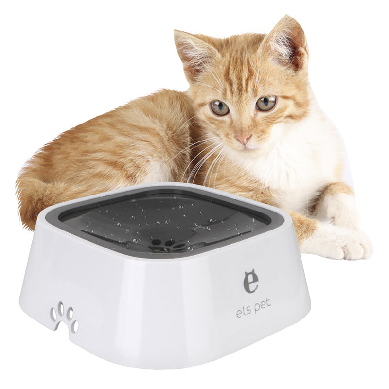 Cat lying next to a white and gray pet water fountain on a white background
